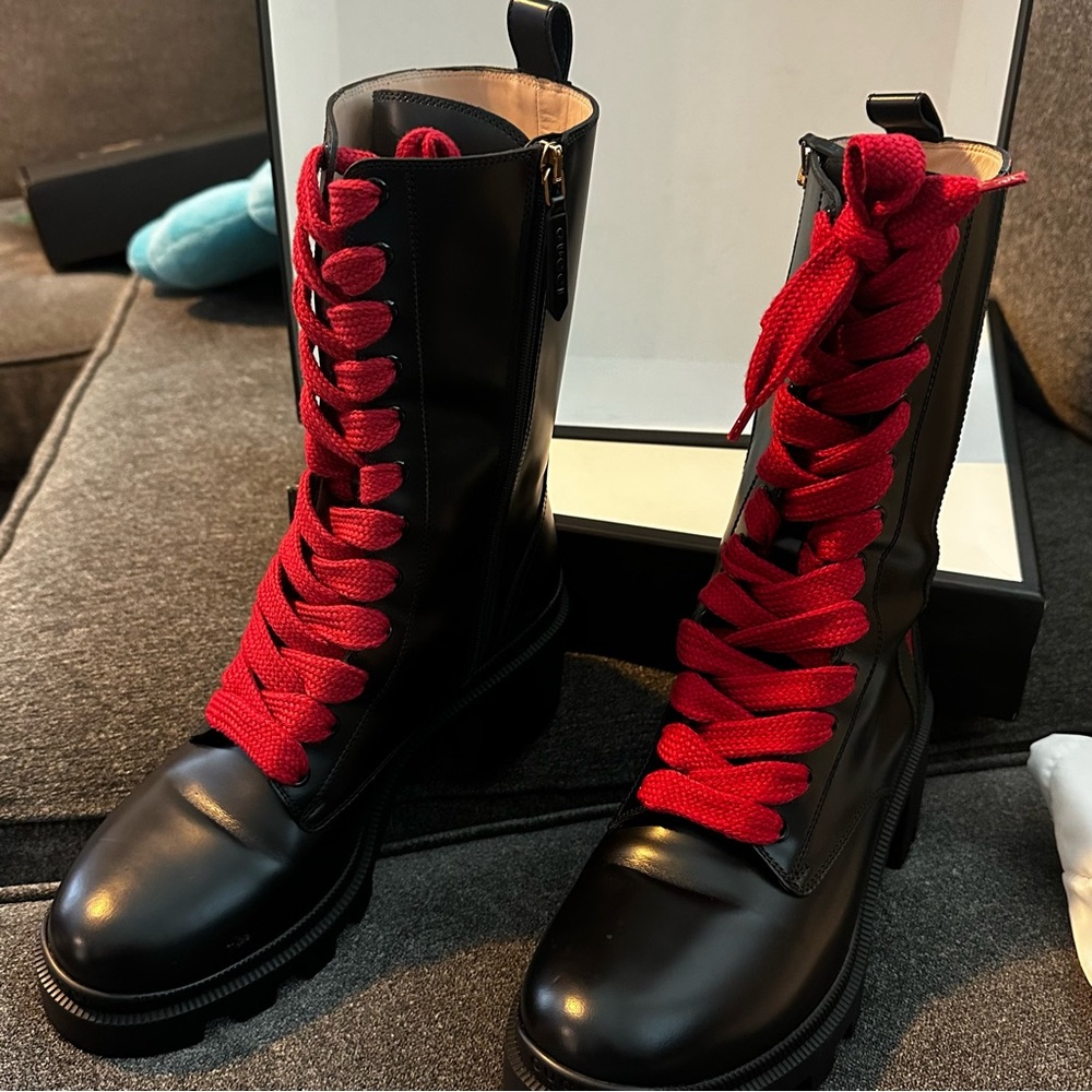 Gucci Trip Striped Glossed Leather Ankle Boots